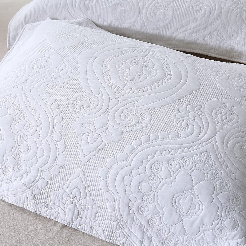 WINLIFE American Style Quilted Embroidered Solid Color Pillow Cases King Size 100% Cotton Boho Chic Printed Pillow Shams Set of 2 (20''x 36''  Damask  White) - Image 2
